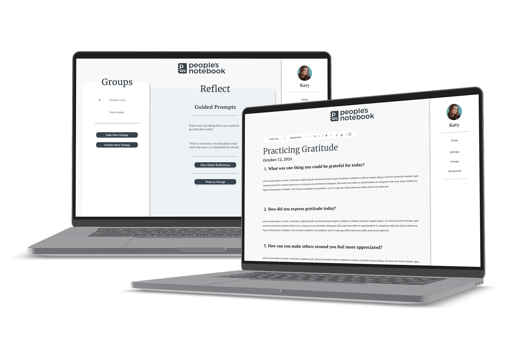 Two sample computer screens with People's Notebook pages displayed